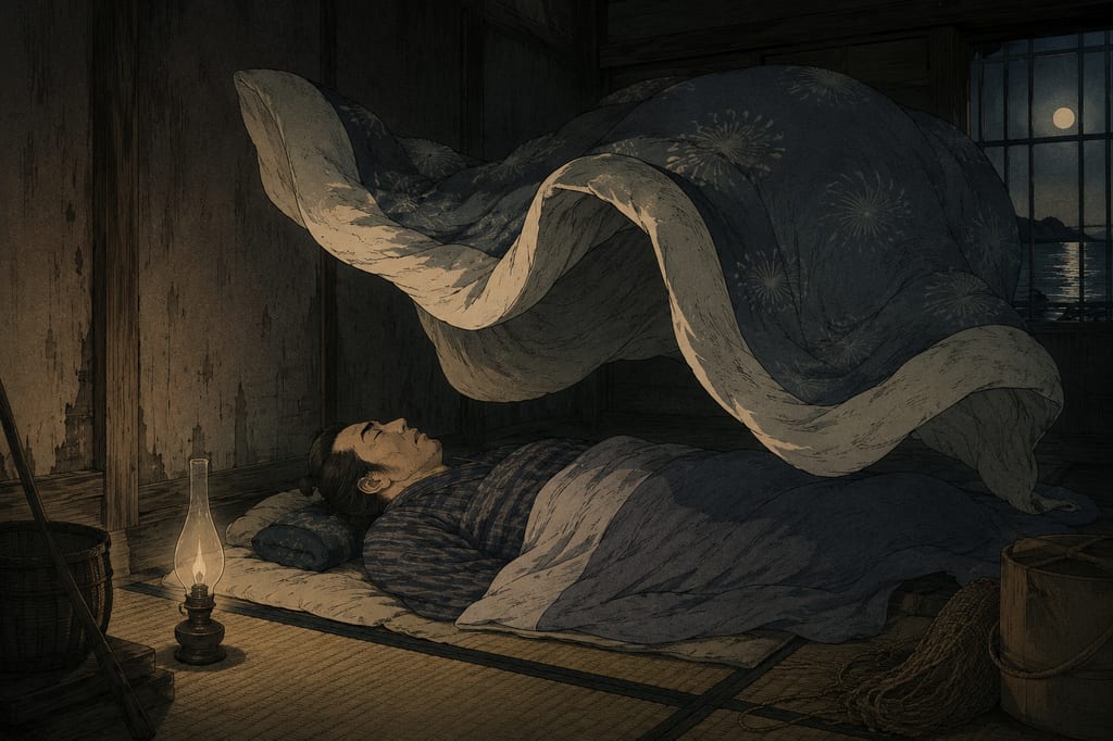 The Futon-kabuse stealing the breath of a sleeping fisherman. This bedding monster passed down on Saku Island in Mikawa Bay is a materialization of anxieties such as suffocation and sleep paralysis in the sleeping quarters of a fishing village on an isolated island. It is a rustic, highly pure tradition rescued solely by modern folklore studies.