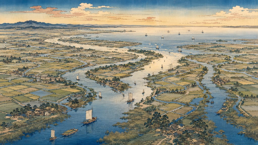 The topography of Owari, where the Three Kiso Rivers flow into Ise Bay. The western half, Owari Province, developed upon a massive river delta. This plain, gathering water from across the region, nurtured a prosperous urban culture early on. It was this very accumulation of water that fostered the prayers of Tsushima Tenno, confronting summer floods and epidemics.