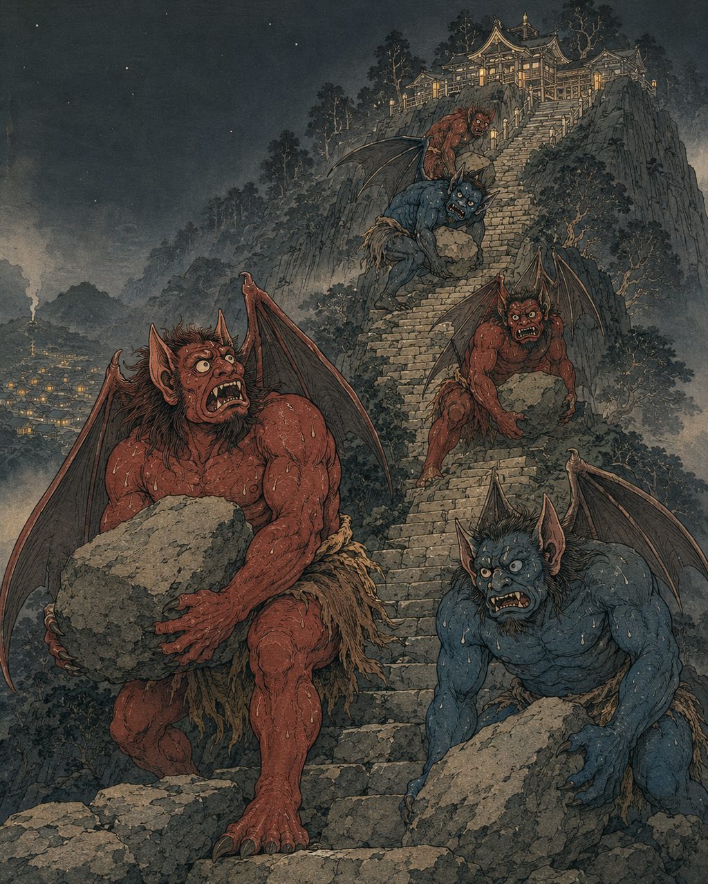 The 999 stone steps and the oni. According to the origin legend of Akagami Shrine Goshado, the prototype of the Namahage was five bats (oni) brought by Emperor Wu of Han. Having bet the villagers whether they could "build a thousand stone steps in a single night," the oni had built up to 999 steps when they heard a rooster crow (mimicked by a villager) and fled back to the mountain, thinking it was dawn.