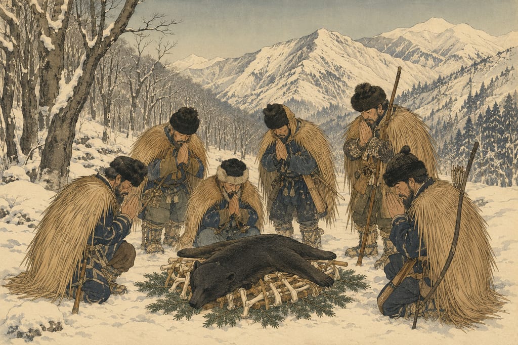 The Kebokai ritual performed by the Ani Matagi. Living under a strict faith in the mountain deities, the Ani Matagi considered hunted bears as gifts from the gods, and offered prayers of gratitude by draping the pelt inversely—head-to-tail—over the remains after butchering. The severe codes and respect required to survive in the mountains underlay the supernatural phenomena of Akita.