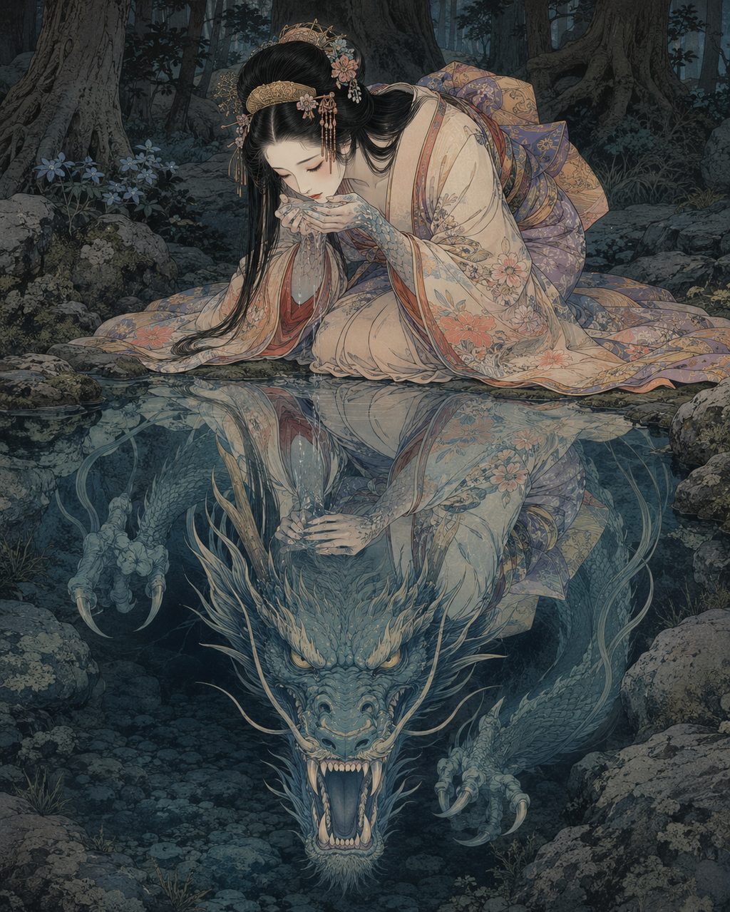 Tatsuko transforming into a dragon. Praying for eternal beauty, Princess Tatsuko of Lake Tazawa was struck by a severe thirst after drinking from a sacred spring, and transformed into a dragon. This structure of breaking a taboo and falling into a water deity through thirst mirrors that of Hachirotaro, serving as the starting point for a grand myth that connects the two lakes.