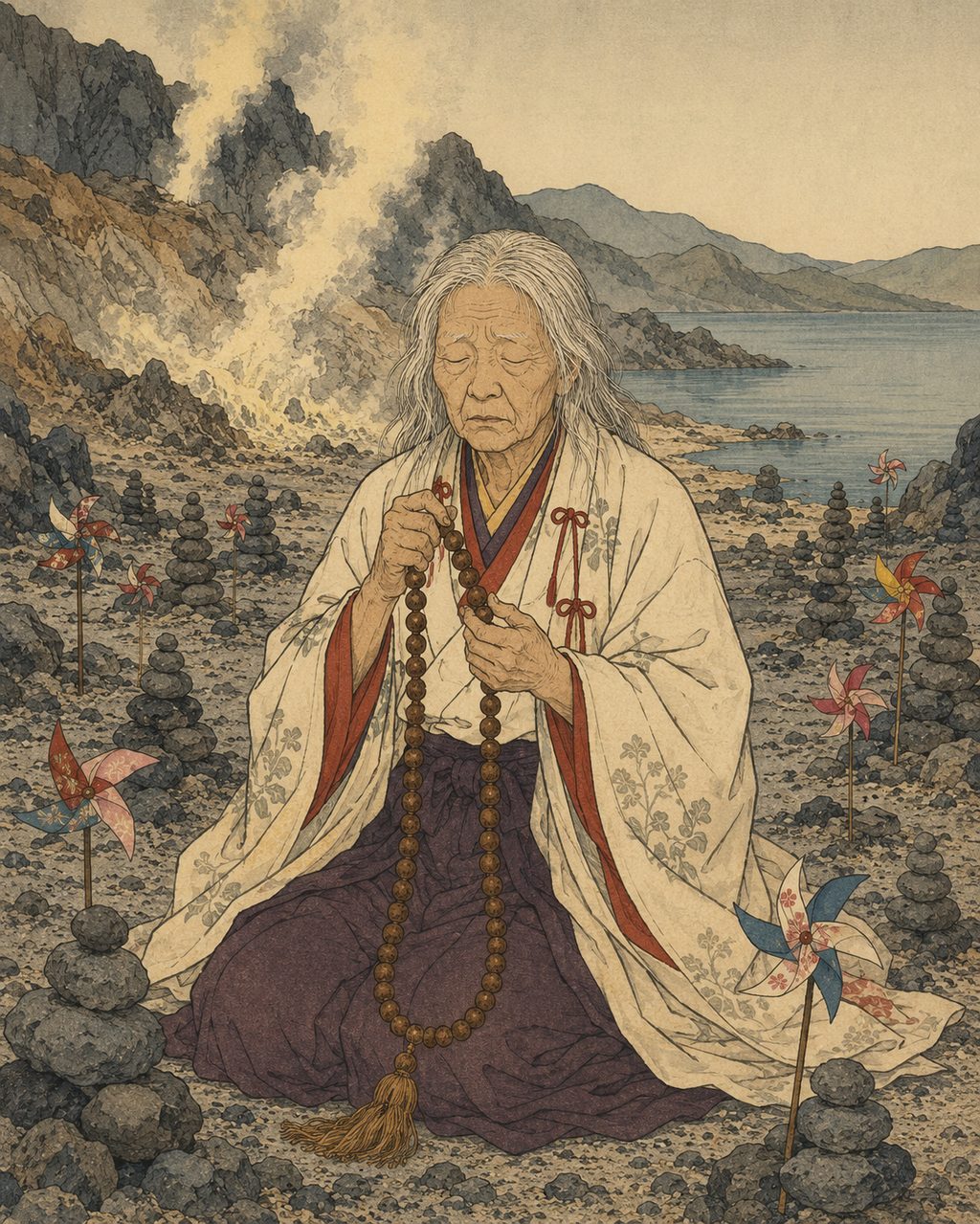 A spirit medium session by an itako at Osorezan. At Osorezan, a sacred site on the Shimokita Peninsula where the souls of the dead are believed to gather, blind shrine maidens known as itako finger their prayer beads to convey the words of the dead to the living (Hotokekuchi). This crucial circuit of voices connecting the living and the dead was sought after in an era of harsh nature and scarce medical care.