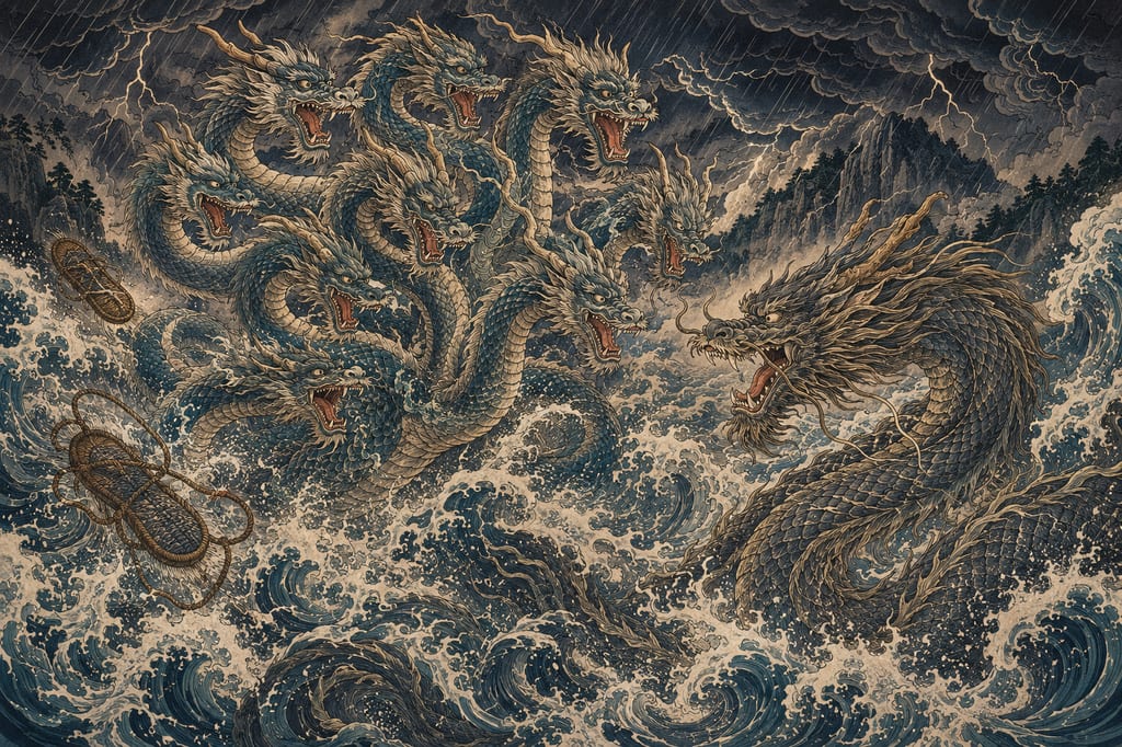 Kuzuryu and Hachirotaro fighting over the mastery of Lake Towada. The core of the Three Lakes Legend piercing through the northern Tohoku region. Nansobo, an ascetic monk wearing iron straw sandals, transformed into a nine-headed dragon, defeated the original master Hachirotaro, and was enshrined as Seiryu Daigongen. A myth of a fierce struggle over water gods fitting for a northern mountain lake.