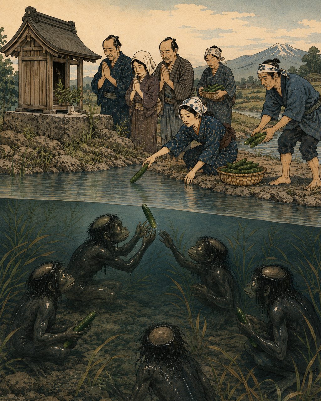 Suiko-sama, a water monster elevated to a god. A unique water god belief of the Tsugaru region. Instead of exterminating the terrifying Medochi (kappa) that pulls people in the river, they enshrined it as "Suiko Daimyojin" and prayed for protection against water accidents by floating its favorite cucumbers down the river. The pinnacle of northern belief, coexisting with objects of awe.