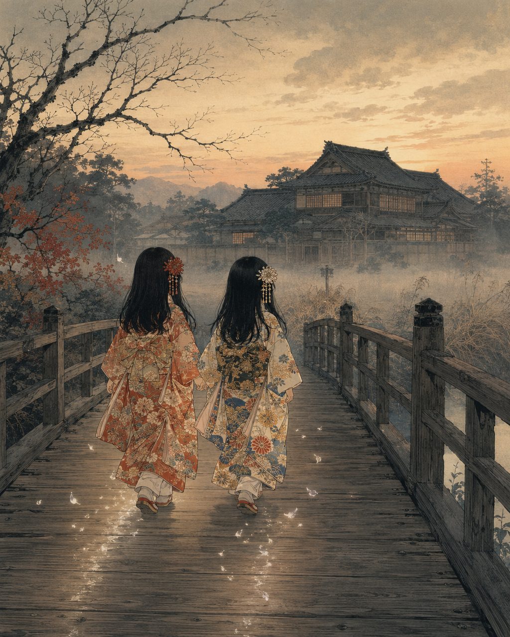 Zashiki-warashi leaving an old house. The tale of the downfall of the Yamaguchi Magozaemon family recorded in *Tono Monogatari*. Immediately after two beautiful girls crossed a bridge and left the house, the entire family was wiped out by poisonous mushrooms. This child, feared throughout the Nanbu region, was not merely a spirit but an absolute god holding the very fate of the house in its hands.