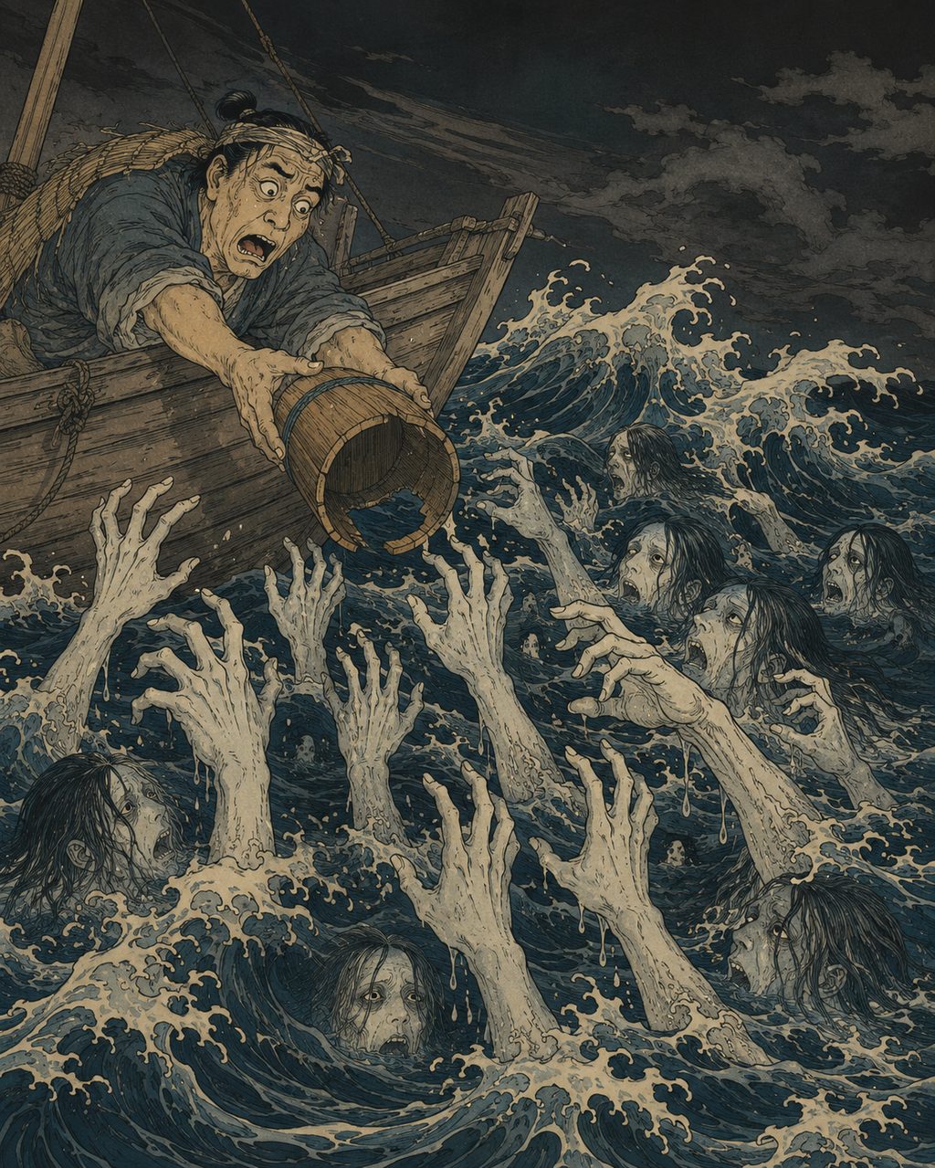 The Funayurei appearing in the seas of Choshi. A legend where the spirits of those who died in shipwrecks demand a dipper, and sailors escape disaster by handing them a dipper with its bottom knocked out. This anomaly gave shape to the urgent fears of the sea in Choshi, which became a massive maritime hub following the eastward diversion of the Tone River.