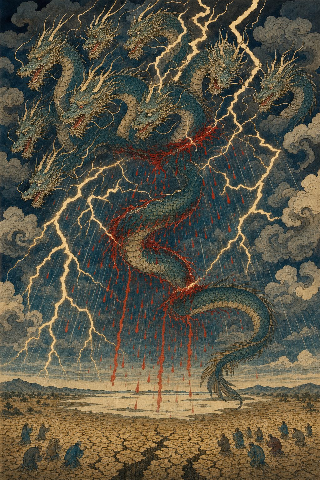 The Kuzuryu torn into three. To save the people of Inba Numa suffering from drought, the dragon broke the law of heaven and brought rain. As punishment, it was torn into head, belly, and tail, which fell upon three temples in Boso (Ryukaku-ji, Ryufuku-ji, and Ryubi-ji)—a deeply tragic water deity legend.