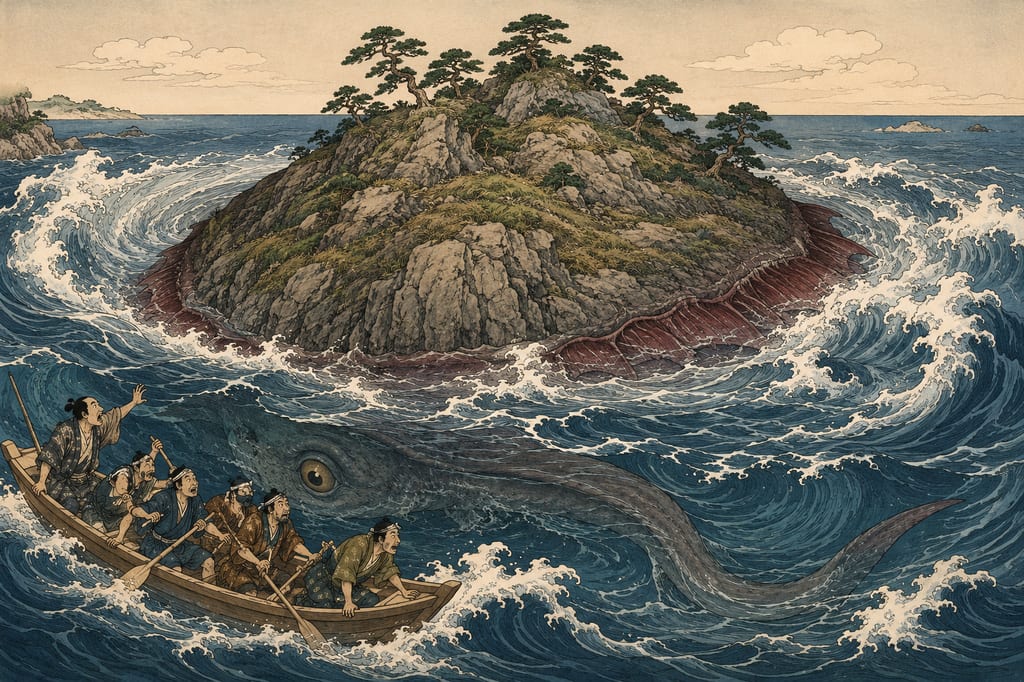 The Akaei mistaken for an island. A colossal monster fish recorded in the *Ehon Hyaku Monogatari* as appearing off the coast of Nojimazaki in Sotobo. Its absurdly massive body, large enough for vegetation to grow on its back, was born from a profound awe of the vast ocean and the Kuroshio current, intertwined with the place names of Boso.