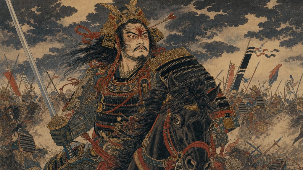 The tragic end of the "New Emperor," Taira no Masakado. Having swept across the Bando region from his base in Shimousa, his vengeful spirit caused his severed head to take flight after he was struck down, earning him long-lasting dread as one of Japan's Three Great Vengeful Spirits. This captures his transformation from a rebellious general to a revered ancestral deity and the presiding spirit of the Bando land.