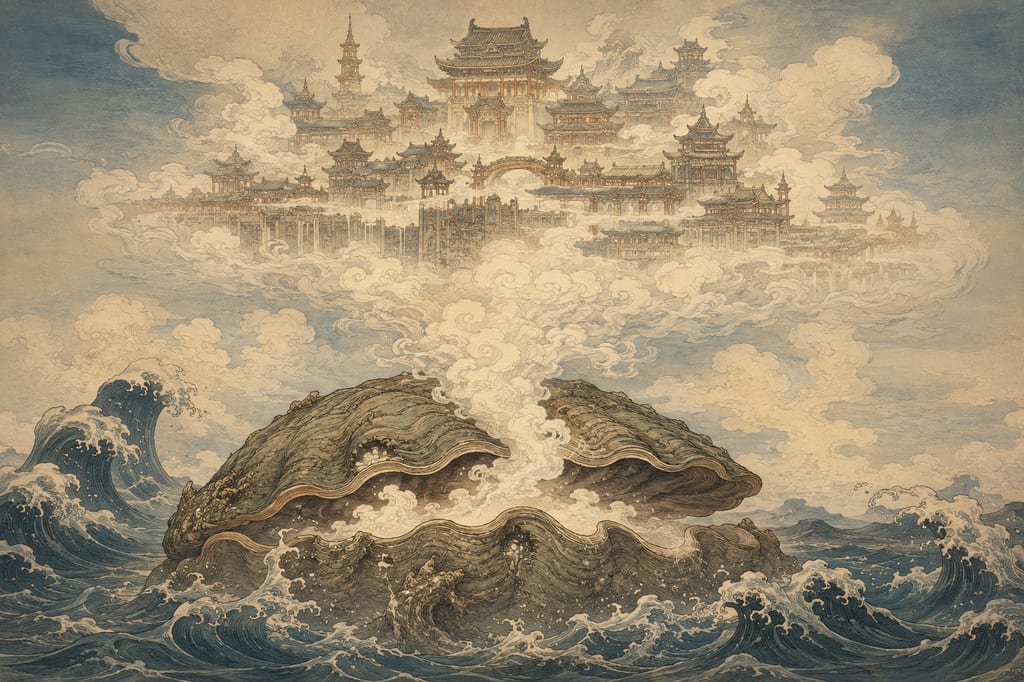 海上に楼閣を吐き出す「蜃」。遠くの景色が空中に浮かんで見える光学現象（蜃気楼）を、中国の博物誌は「巨大な蛤（蜃）が気を吐いて楼閣を作り出している」と説明した。自然の不思議をそのままにせず、背後に巨大な生物の身体を想定する想像力である。
