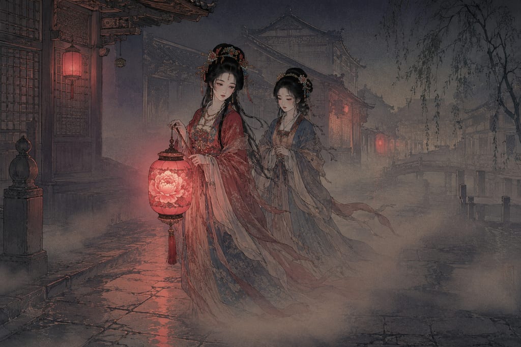 霧の夜を歩く牡丹灯籠の女。明代の小説『剪灯新話』に収められた怪異譚は、海を渡って『怪談牡丹灯籠』などの形で翻案された。中国から来たこの幽霊譚は、ただ恐ろしいだけでなく、死者の美しさや恋の執着という「情念の濃い怪談」の型を日本の夜の物語に持ち込んだ。