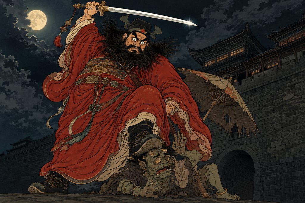 悪鬼を踏みつける鍾馗。唐の玄宗の夢に現れたとされるこの魔除けの神は、鬼を恐れるのではなく、鬼よりも恐ろしい形相で悪鬼を捕らえ、踏み砕く。東アジアに共通する「恐怖をもって恐怖を制す」という辟邪（へきじゃ）のリアリズムである。