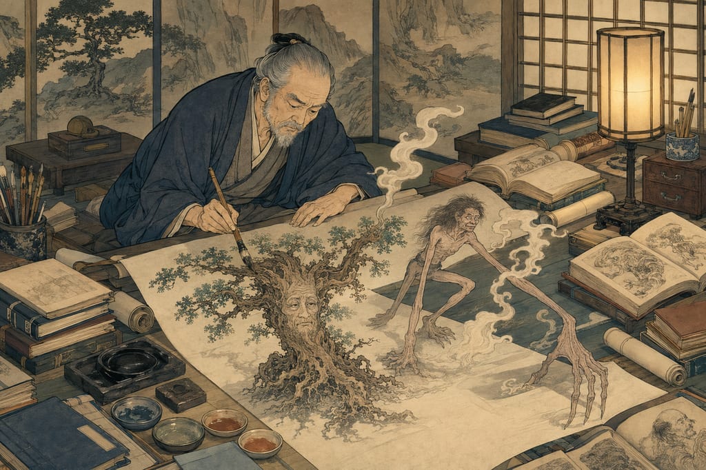 唐土の怪を百鬼夜行へ引き入れる絵師。『和漢三才図会』などの百科事典に載る中国の異獣たちは、鳥山石燕をはじめとする江戸の絵師たちの手によって視覚的なキャラクターへと描き直された。文字から絵へと翻訳されるこの過程こそが、中国の怪を「日本の妖怪」へ変える最後の魔法であった。