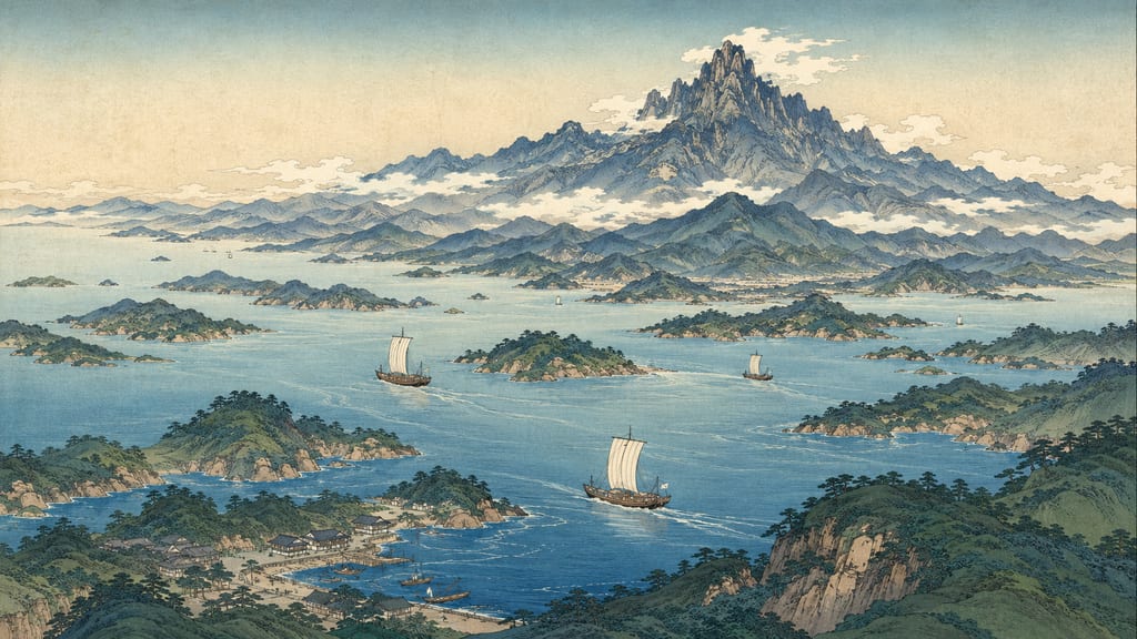 The Seto Inland Sea and the Ishizuchi Mountain Range. Embracing a calm archipelago to the north and looking up to Mount Ishizuchi—western Japan's highest sacred peak—to the south, Ehime's topography inextricably linked the vibrant maritime culture of naval forces with the mountain culture of ascetics. This "unity of sea and mountain" forms the backbone of Iyo's yokai culture.
