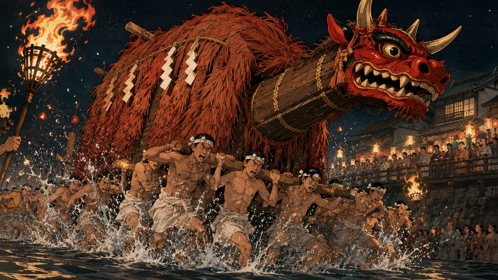 The Warei Taisai in Uwajima and the Ushi-oni float. Once feared throughout western Japan as a plague god that indiscriminately devoured humans, the Ushi-oni has become the star of Uwajima's festivals, transforming into a guardian deity that wards off evil. The "hashirikomi," where the ferocious demon-cow charges into the river, is a valiant display of Goryo faith meant to quell epidemics.