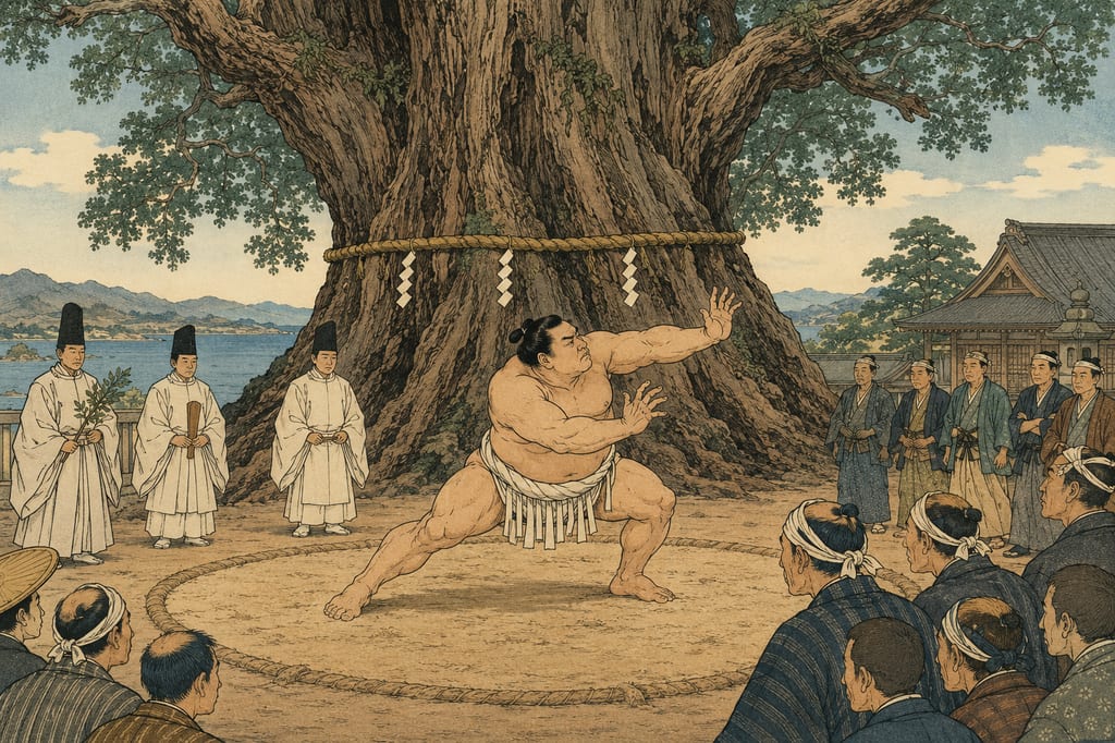 Hitori-zumo (one-man sumo) at Oyamatsumi Shrine. In this unique ritual where a wrestler grapples with the invisible spirit of rice, it is promised that a bountiful harvest will follow if the spirit wins two out of three matches. Grappling with an otherworldly entity and intentionally losing to pray for fruition is a manifestation of Iyo's profound view of nature.