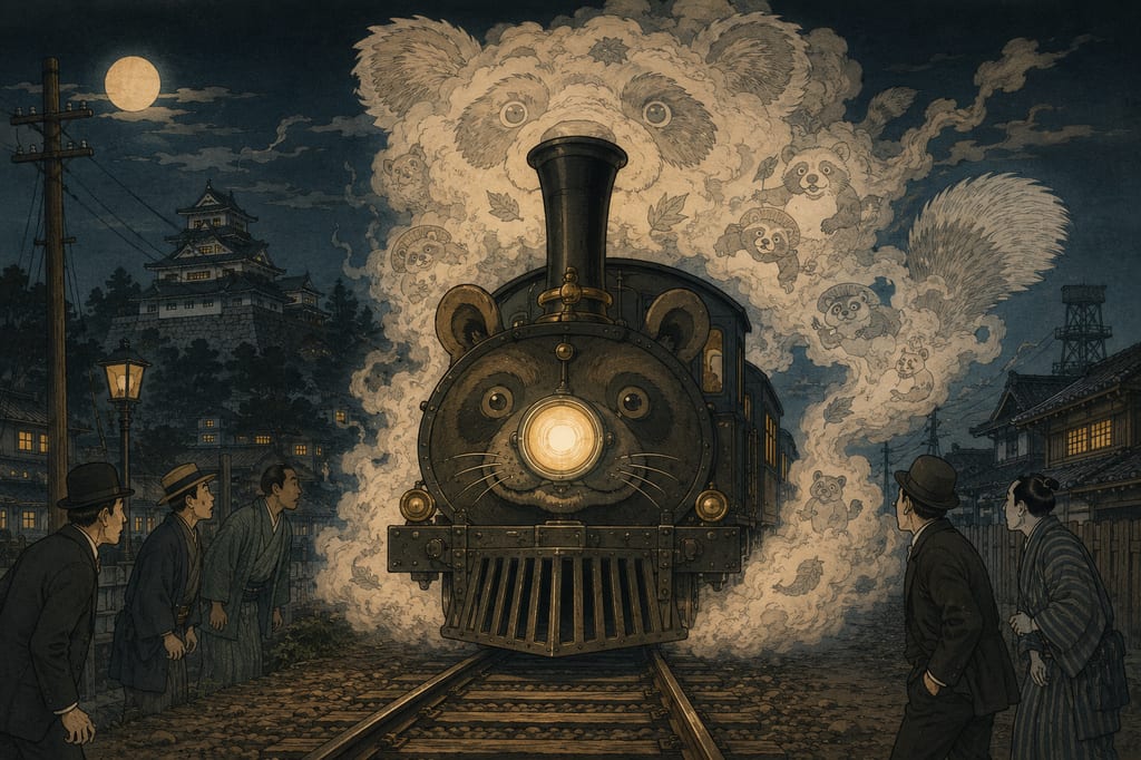 A phantom train racing through a Meiji night. Within Matsuyama's tanuki legends, even the steam locomotives that arrived with the civilization and enlightenment movement were interpreted as the illusions of bake-danuki. The legend of them shapeshifting into the "Botchan Ressha" to startle passersby is testament to a folkloric imagination that swallowed even novel technologies into its framework of anomalies.