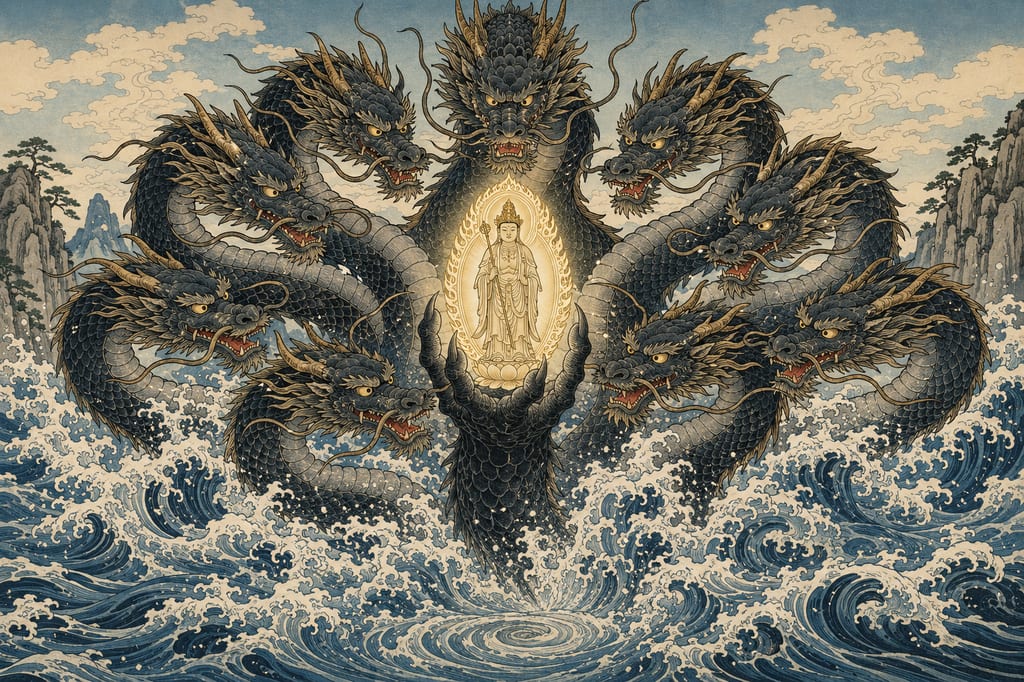 The Kuzuryu governing water. In the first year of Kanpyo, when the revered image of Heisenji's Hakusan Gongen was floated on the river, it is said that a nine-headed dragon appeared, held the image aloft, and swam downstream; this is said to be the origin of the Kuzuryu River's name. A manifestation of water deity worship where raging waters transform into a benevolent god.