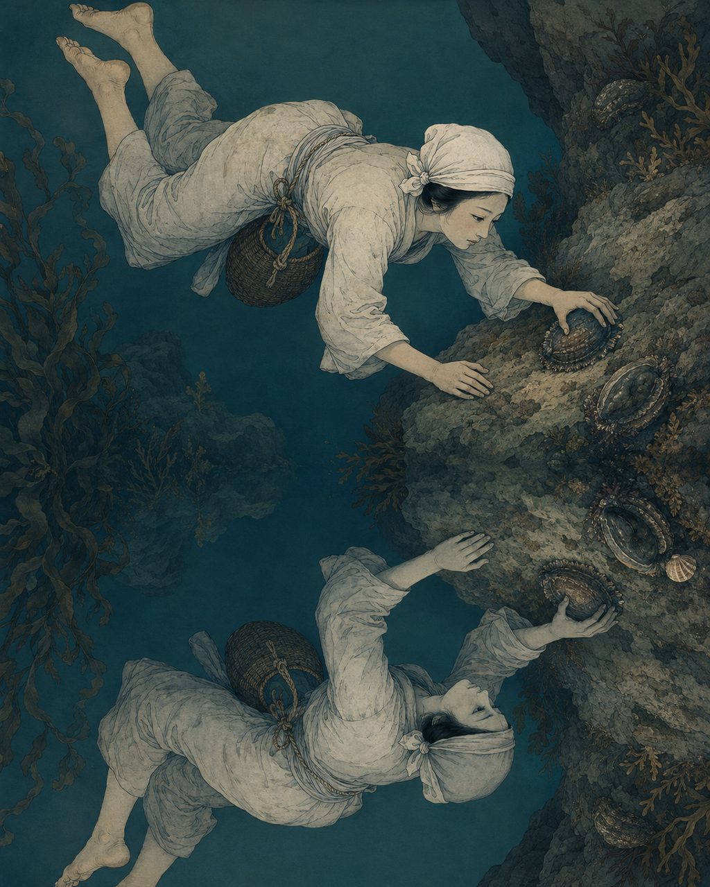 The Tomokadzuki beckoning an ama diver in the deep sea. A sea apparition also called "Umi Ama" in Antou, Fukui, among other places. It appears before a solitary ama diver as an identical body (another self), moving up and down in the water wearing a backward headband. An illusion of the ocean floor brought on by the solitude and extremes of the sea.