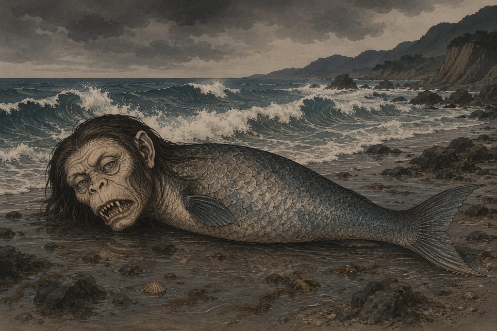 The mermaid handed down in the sea of Wakasa. The classical Japanese mermaid figure, also recorded in the *Nihon Shoki*, was a grotesque creature equipped with a monkey-like face and sharp teeth. An ambivalent existence, considered both a miraculous elixir for immortality and an ill omen of war and plague.