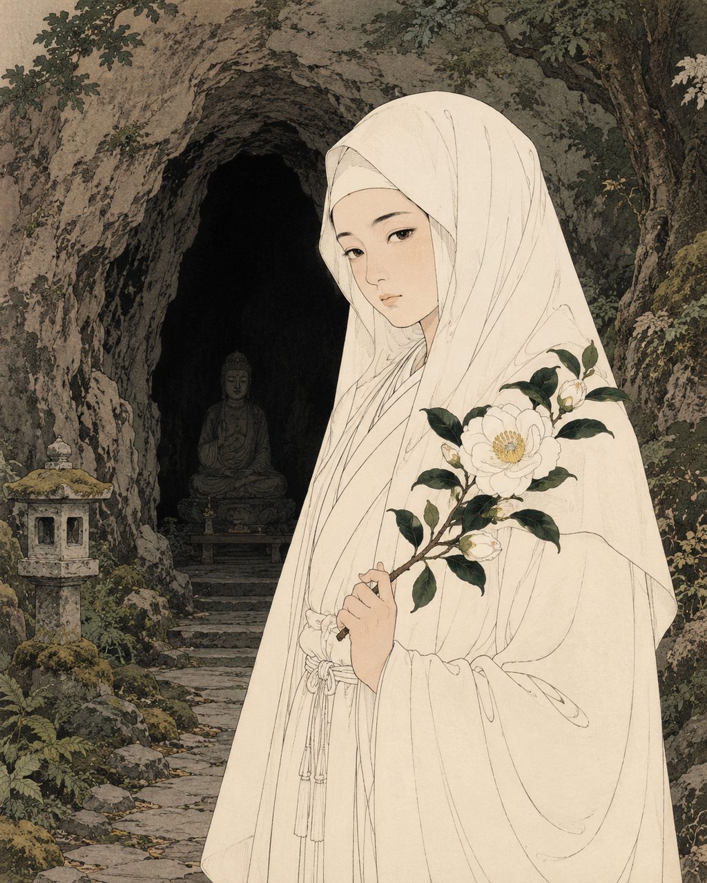 Yao Bikuni holding a white camellia. A legendary nun said to have entered eternal meditative absorption in the cave at Kuuinji Temple in Obama. It is told that she lived for eight hundred years after eating mermaid flesh, traveled the country retaining the appearance of a sixteen or seventeen-year-old, and continued to plant white camellias, a symbol of eternal life.