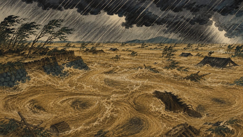 The flooding of the Overnight River, the Chikugo River. The threat of the Chikugo River, which frequently caused floods as Kyushu's largest raging river, birthed earnest prayers to protect lives and livestock from water disasters. The overwhelming terror and awe toward the violence of water lies at the foundation of the rich kappa folklore, including that of Kyusenbo.