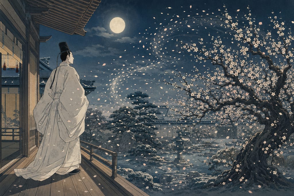 Sugawara no Michizane exiled from the capital and the legend of the Flying Plum Tree (Tobiume). The poem 'Kochi fukaba' (When the east wind blows), composed in the grief of exile, and the legend of the plum tree flying overnight to Dazaifu in yearning for its master, convey to this day the reverence for a noble who met a tragic end. This is the grand prologue to Fukuoka's yokai culture, where a vengeful spirit eventually ascends into Tenjin.