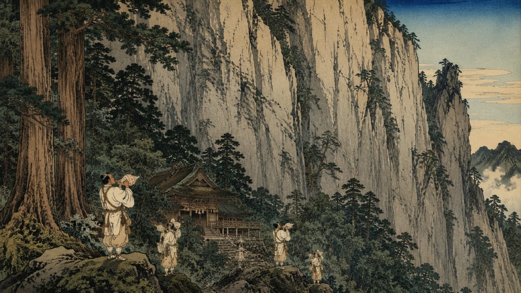 Takasumi Shrine on Mount Hiko and Shugendo Yamabushi. Takasumi Shrine, enshrined against a massive rock wall, is a sacred site of tengu worship originally called 'Buzenbo'. The awe toward the extraordinary abilities of ascetics entering the mountain to gain spiritual power gave birth to the mighty divine majesty of Hiko Buzenbo, the leader uniting Kyushu's tengu.