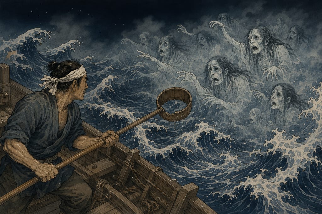A fisherman handing a bottomless dipper to a Funayurei demanding "Lend me an inada." The spirits of countless drowning victims who lost their lives in the rough seas of Hamadori were said to appear as Funayurei during the Obon season. The etiquette of escaping disaster by handing over a dipper with its bottom knocked out is a combination of an offering to the dead and practical wisdom.