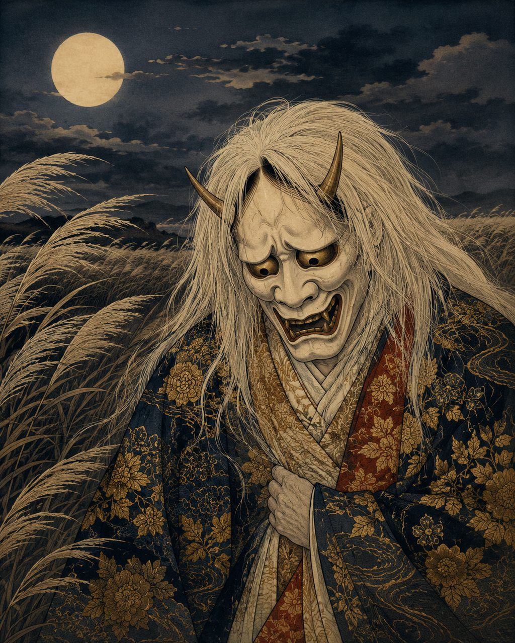 The nochi-shite (Hannya mask) of the Noh play Kurozuka. The demon of Adachigahara sung of in waka poetry was elevated to the Noh stage during the Muromachi period. The figure of the demoness, harboring the karma of a mother who murdered her own child and the sorrow of old age and loneliness beneath her man-eating terror, established a profound world of yūgen (subtle grace) beyond a mere ghost story.