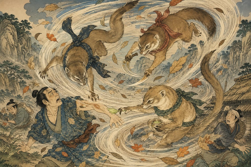 The Kamaitachi, appearing with a whirlwind. The Nyukawa basin in Hida explained this with splendid logic as the work of three deities: the first strikes down, the second slashes, and the third applies medicine, so it neither bleeds nor hurts.