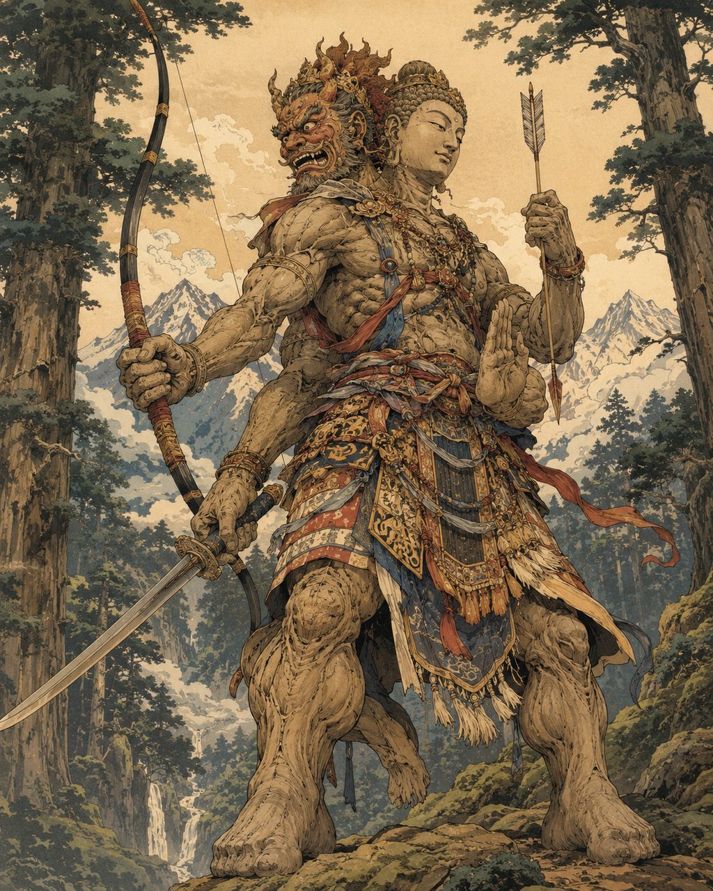 Ryomen Sukuna standing in the deep mountains of Hida. While recorded in the *Nihon Shoki* as an anomalous rebel who defied the imperial court, locally he has been venerated for over a thousand years as a founding hero who saved villages and taught agriculture.