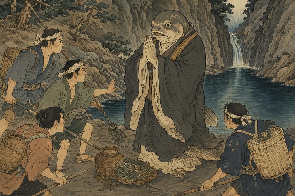 An Iwana-bozu preaching the wrongs of taking life to young men. Recorded as a legend of Ena District, Mino Province in the *Soyama Chomonkishu* during the Kaei era, this master of the abyss was born from the earnest self-admonition of people who relied on the river for their lives.
