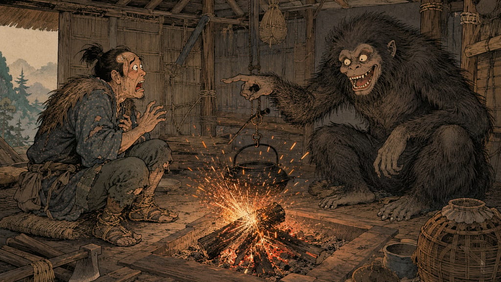 A Satori reading the mind of a woodcutter in the deep mountains of Hida-Mino. Toriyama Sekien also noted this apparition as a mountain dweller of Hida-Mino in his *Konjaku Gazu Zoku Hyakki*. The terror of having one's mind completely seen through is precisely the sensation of the isolated deep mountains staring back at a person.