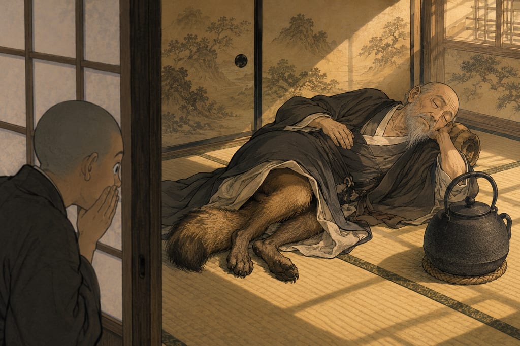 The slumbering Shukaku and his exposed mujina tail. According to the legends of Morin-ji Temple, the old monk Shukaku, who brought the tea kettle with its inexhaustible supply of hot water to the grand Thousand-Monk Assembly, had his true form as a mujina (tanuki) with furry limbs and a tail revealed while he was taking a nap. He is said to have manifested illusions before leaving the temple forever.