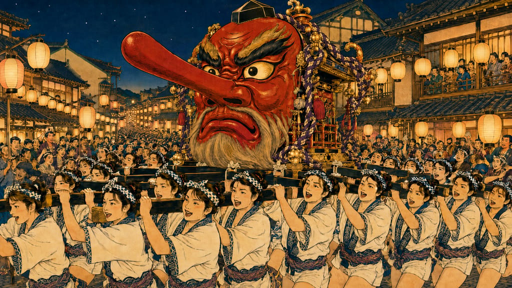 The Tengu Mikoshi at the Numata Festival. A giant tengu mask inspired by the Great Tengu of Mount Kasho is mounted on a portable shrine and carried exclusively by about 300 women. It is a vibrant scene of prayer where the tutelary deity of the sacred mountain descends to the castle town's festival to be carried by the people.