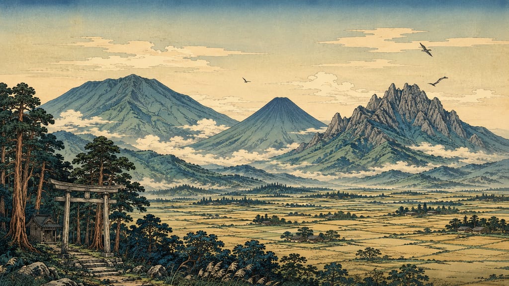 The Jomo Sanzan viewed from the Kanto Plain. Composed of Mount Akagi, Mount Haruna, and Mount Myogi, these three sacred peaks have been revered since ancient times due to their abrupt rise from the flatlands. Gunma's supernatural phenomena were born against the backdrop of this majestic scale of mountain worship.