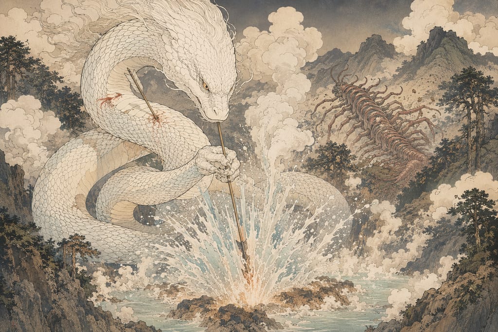 The serpent deity of Akagi pulling out an arrow to make a hot spring gush forth. According to the legend of Oigami Onsen's discovery, when the deity of Akagi (giant serpent) suffered an arrow wound from the deity of Nikko (giant centipede), he pulled the arrow out and stuck it into the ground, causing a hot spring to flow, which healed his wounds and allowed him to drive off his enemy. The roles in the divine battle are completely reversed from those in Shimotsuke.