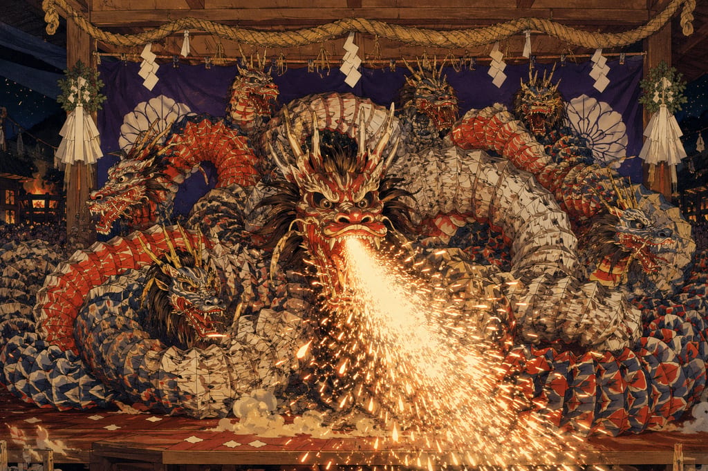 The Yamata no Orochi performed in Geihoku Kagura. A representative program of the Kagura alive in the Geihoku region, such as Akitakata. The mythological monster, the great serpent, fills the Kagura stage scattering sparks, conveying to this day the memories of the raging river's fury and the battle to slay it against the historical backdrop of tatara iron manufacturing.