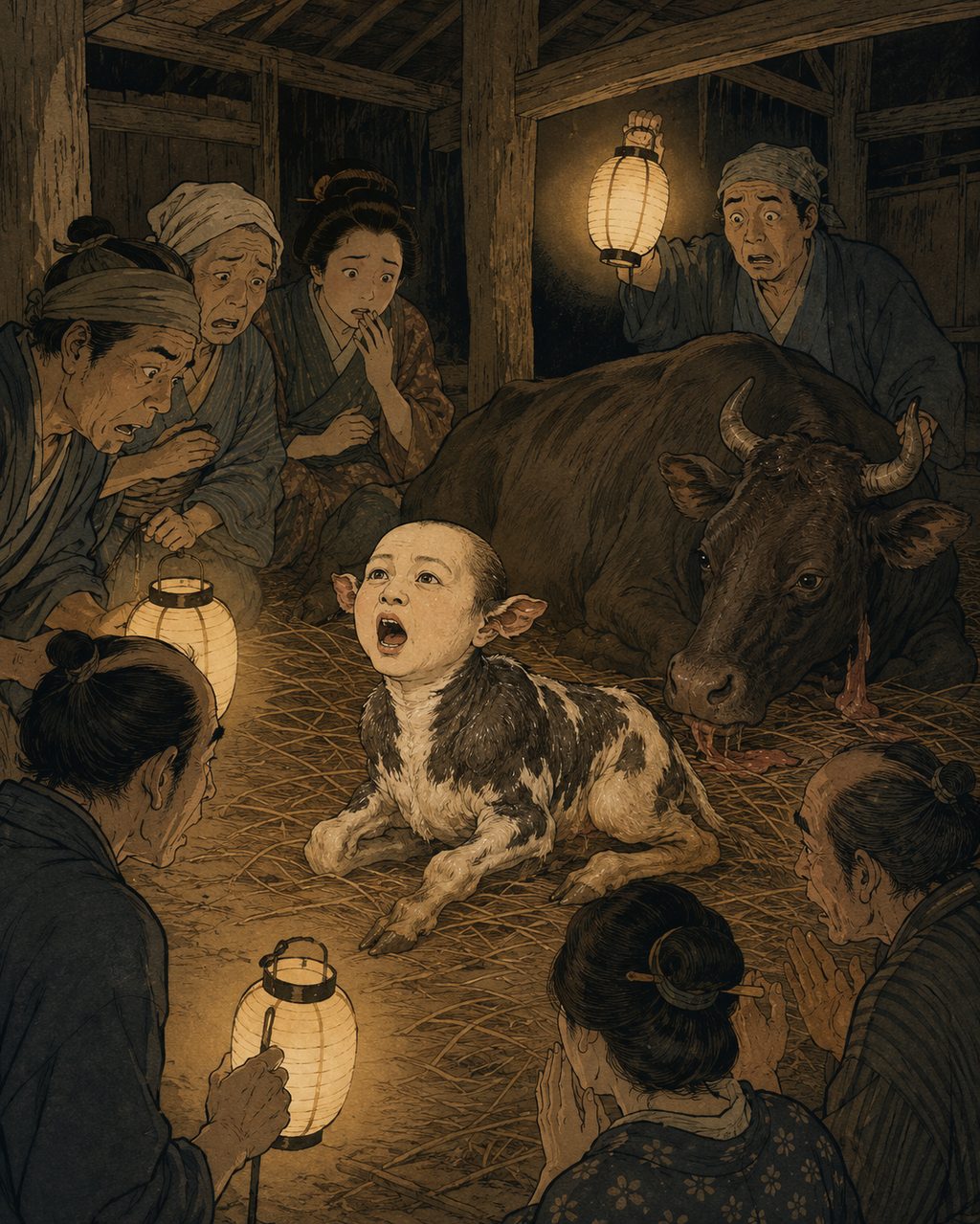 The prophetic beast Kudan, which appears in times of anxiety. Having a human face and a bovine body, it is said to prophesy good or bad harvests and epidemics immediately after birth and then die. Also considered to have its origins in the Chugoku region, it was passed down as a mirror reflecting social anxiety from the Great Tenpo Famine of the Edo period to the wartime era of the modern age.