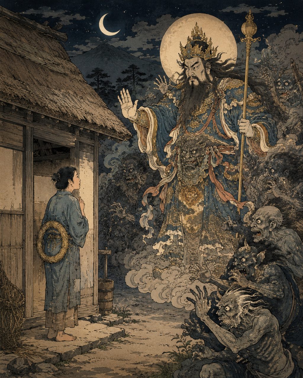 The chinowa (cogongrass ring) of Somin Shorai, which wards off epidemics. A myth conveyed as an event in Bingo Province by the lost fragment of the *Bingo-koku Fudoki*. It is the origin tale of the chinowa-kuguri (passing through the cogongrass ring) performed nationwide, where Muto-no-Kami (the plague god Susanoo) spared those using the chinowa as a mark from disaster in return for the favor of a single night's lodging.