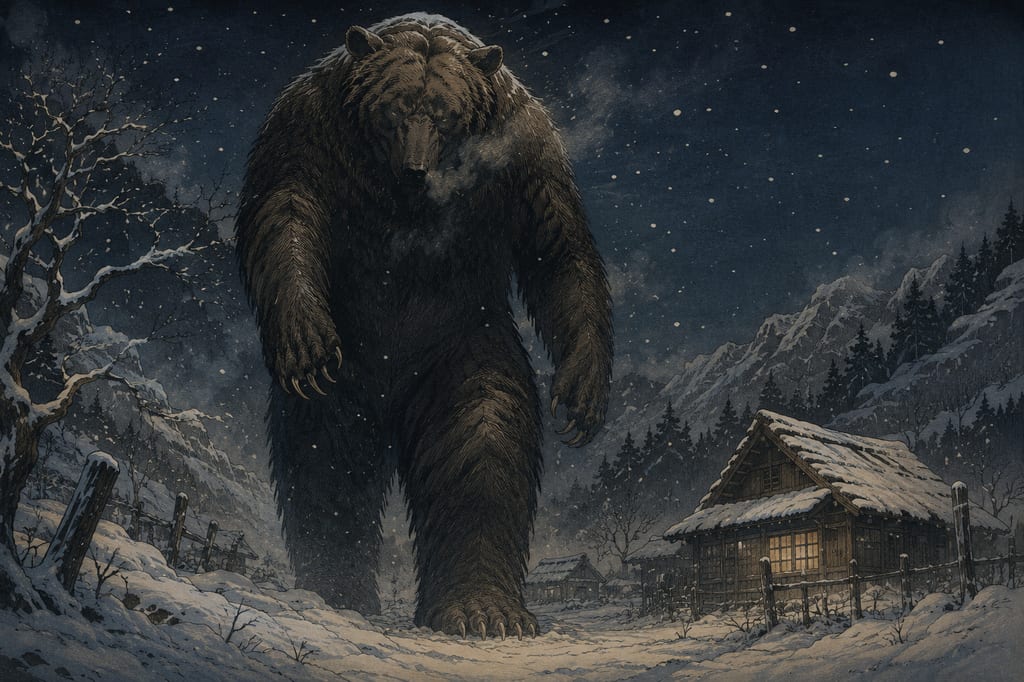 The Onikuma, overlapping with the terror of beast attacks. The name of the bipedal monster bear depicted in Honshu's weird tale collections became an alias in Hokkaido for giant brown bears that attacked humans and fell to become evil gods (wenkamui). The tragic memories of beast attacks from modern pioneering history, like the Sankebetsu brown bear incident in Taisho 4, repainted the contours of the yokai into something dreadfully real.
