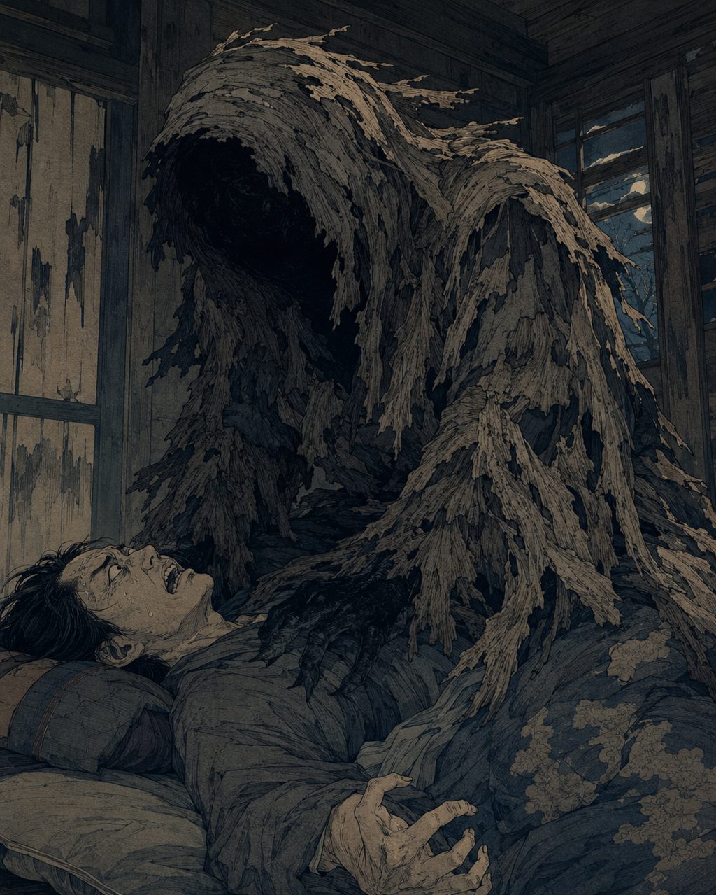 The Ainu Kaisei pressing down on an empty house. An anomaly said to appear in deserted old houses clad in tattered bark cloth. Striking in the dead of night to weigh heavily on the chests of sleepers and paralyze them, this is a universal fear of sleep paralysis passed down draped in northern motifs.