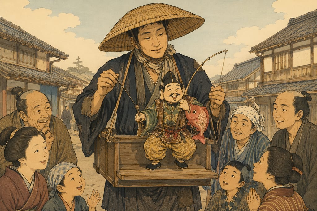 A Kugutsu puppeteer manipulating an Ebisu doll. Living around Nishinomiya Shrine and traversing various regions, they spread the Ebisu faith nationwide and became the headwaters of Awaji Ningyo Joruri and Bunraku.
