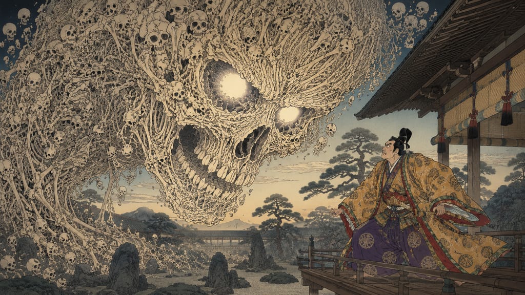 Taira no Kiyomori glaring back at the massive skull. The Edo-period artist Toriyama Sekien later gave the name "Mekurabe" to this anomaly in Fukuhara recorded in the *Heike Monogatari*. A scene where the glory and the omens of the Heike's ruin intersect.