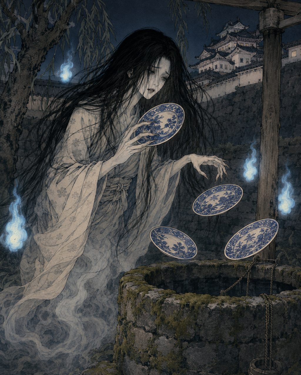 Okiku emerging from the well to count plates. The woman's malice, made famous nationwide through the puppet play *Banshu Sarayashiki*, became tied to the specific location of the old well at Himeji Castle, demonstrating how ghost stories take root in a land.