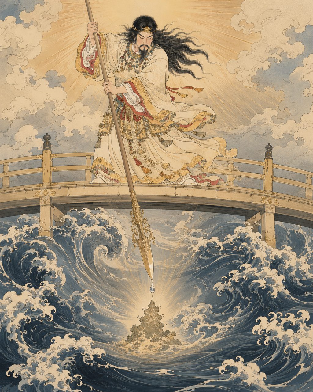 Izanagi churning the sea with the Heavenly Jeweled Spear. In the creation myth at the beginning of the *Kojiki* and *Nihon Shoki*, Awaji Island was born as the first island of the Japanese archipelago.