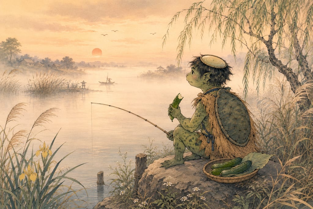 A kappa standing quietly by the shores of Lake Ushiku. The gaze of Nanga painter Usen Ogawa, who continued to draw the kappa of the waterside throughout his life, sublimated the illusion of the water town—which did not fade even amid modernization—into art.