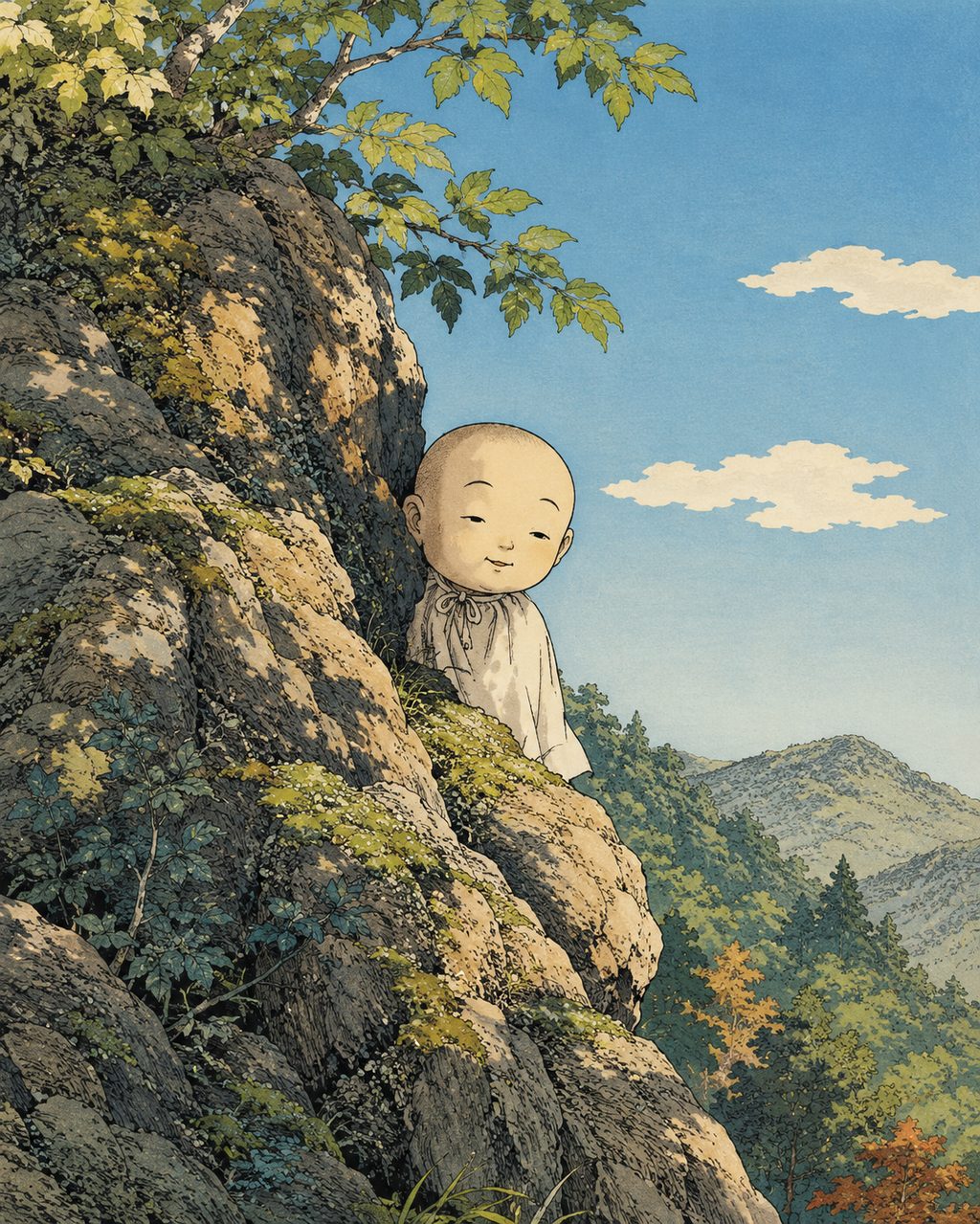 Hiyoribo, who peeks out from behind the rocks only on sunny days. In the *Konjaku Gazu Zoku Hyakki*, Sekien Toriyama designated this anomaly as a spirit of Hitachi and pondered whether it might be the origin of the teruteru bozu.