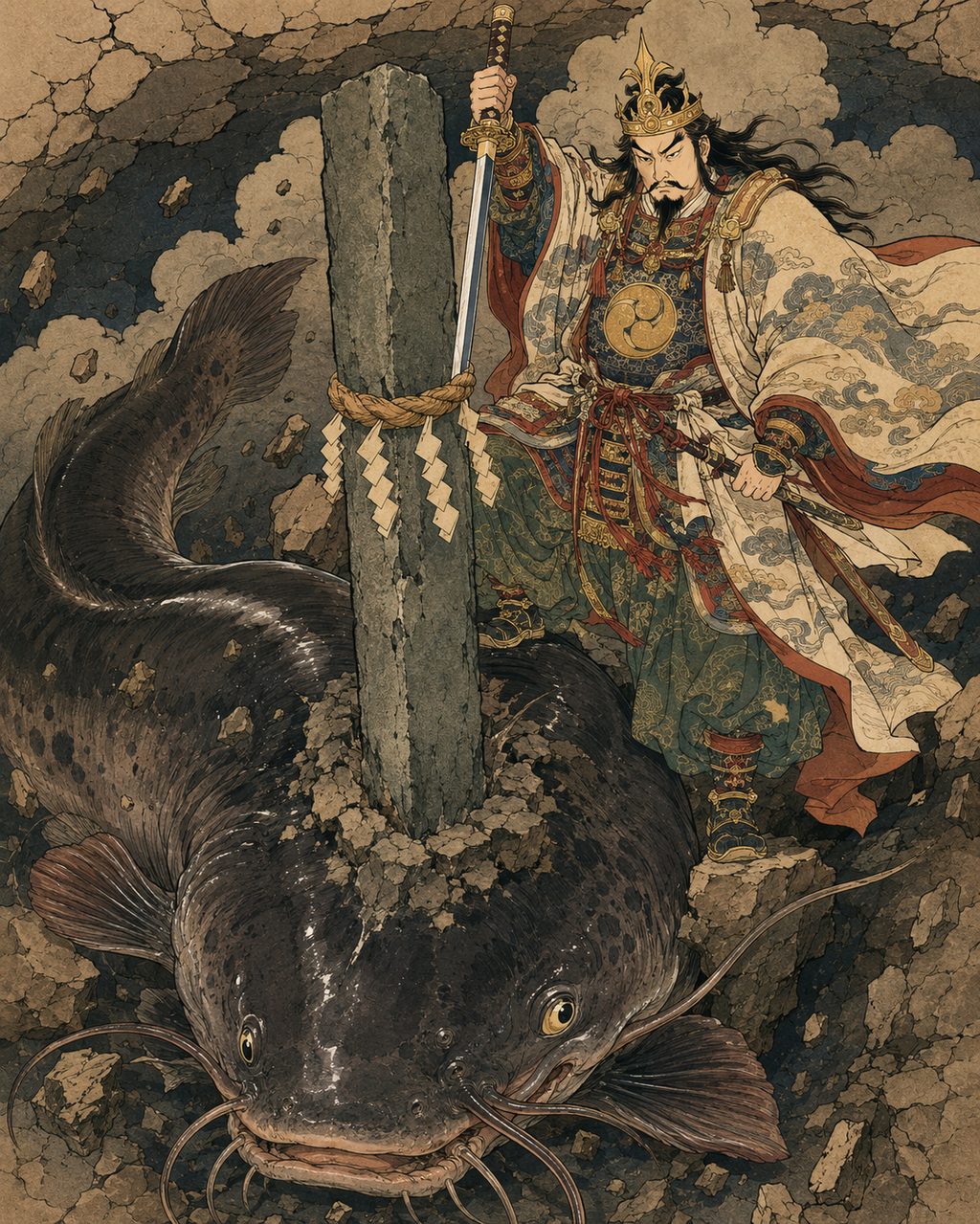 Kashima Daimyojin suppressing the giant catfish with the Keystone. In the catfish prints (*namazu-e*) that became popular immediately after the Ansei Edo Earthquake, this ancient local belief—that a war god quells the frequent earthquakes (the anger of the earth)—was depicted amidst the prayers and laughter of the common people.